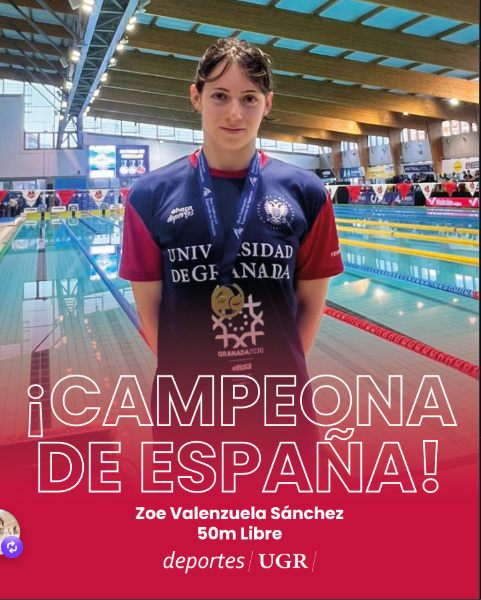 Zoë with the gold medal, on a poster reading Spanish Champion, 50 m free