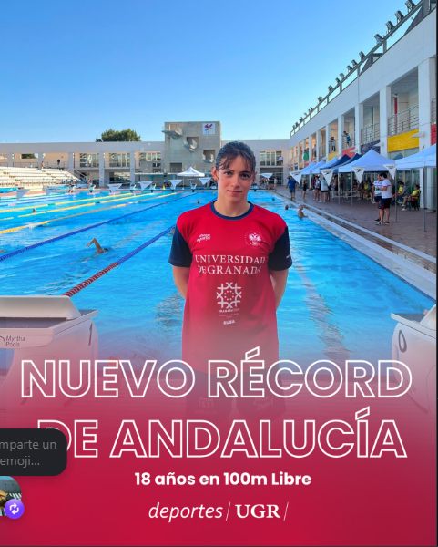 Zoë beside an outdoor pool, on a poster reading New Andalusian record, age 18, 100 m free