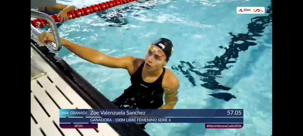 TV broadcast graphic: Zoë Valenzuela Sánchez, winner of the 100 m freestyle heat, 57.05